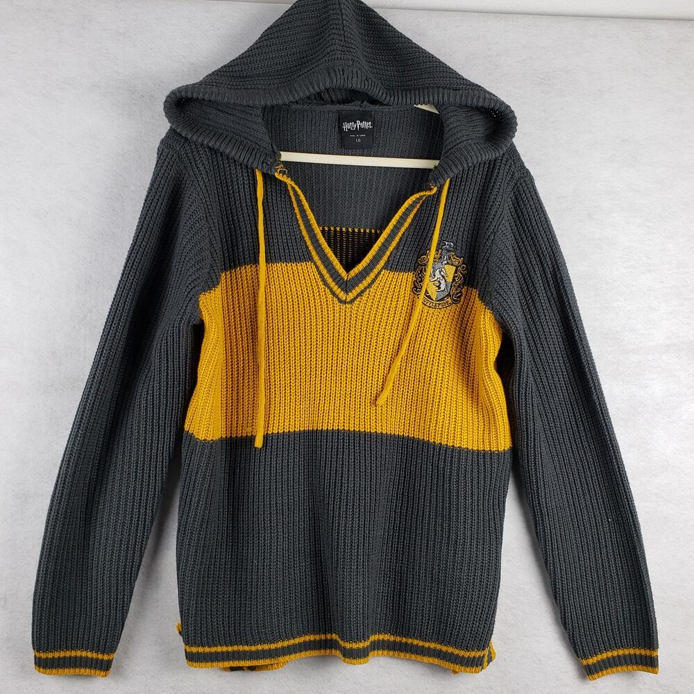 Harry Potter Size L Hufflepuff Knit Hooded Sweater Gray Gold Colorblock Hogwarts